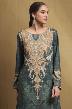 Green Printed Straight Winter wear Kurta Set image number 1