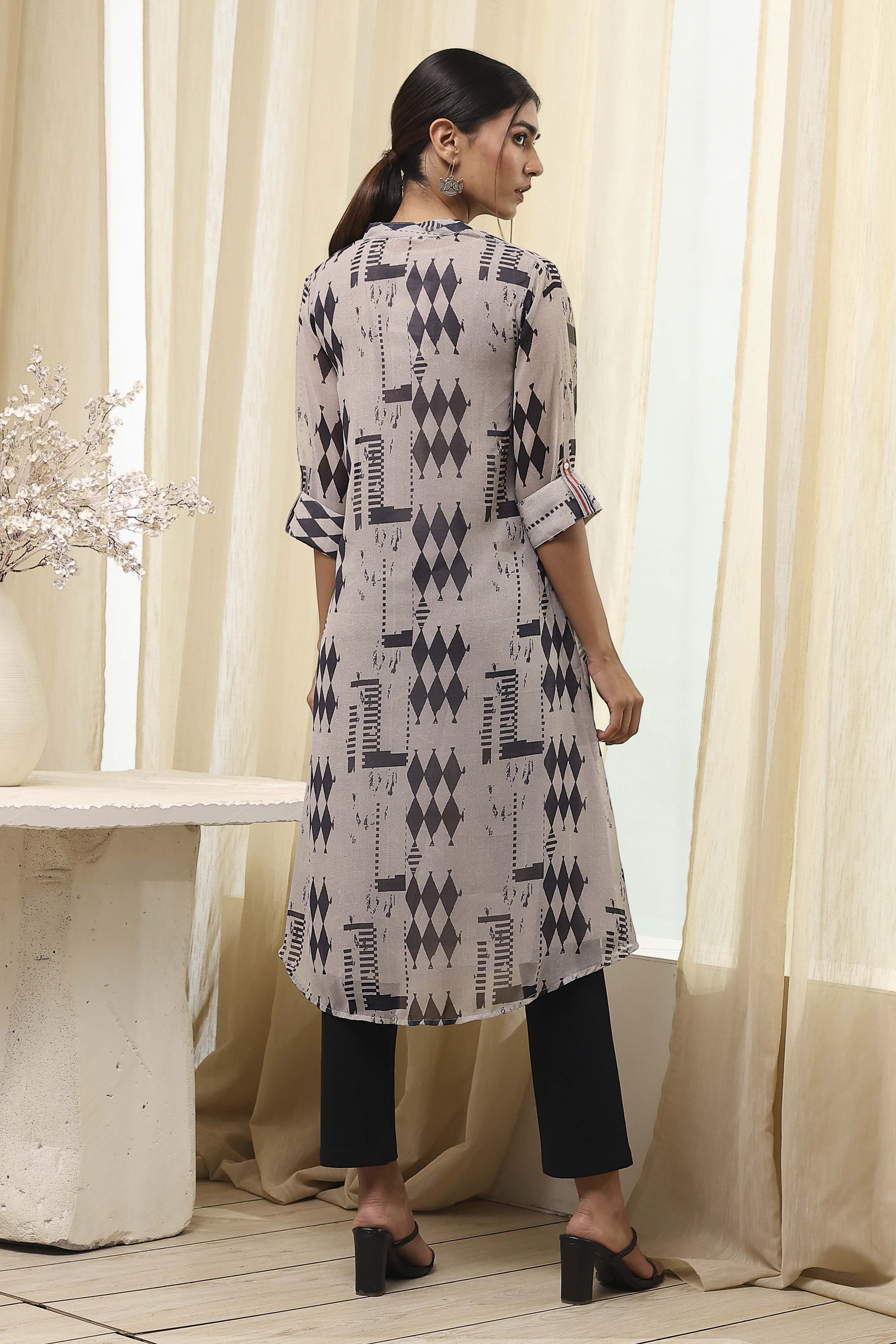 Grey Printed Pleated A-Line Kurta image number 3