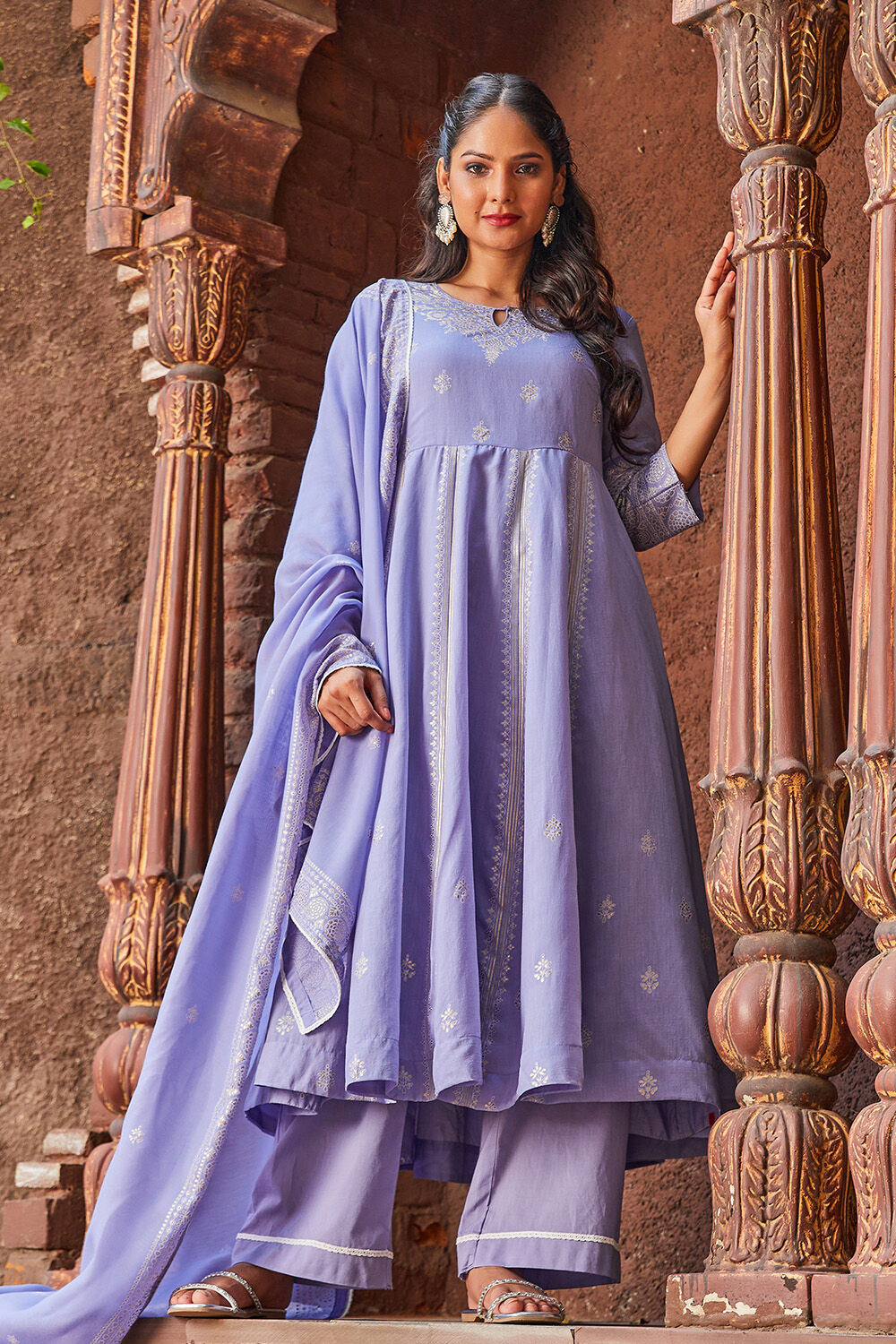Blue Poly Cotton Anarkali Kurta Palazzo Suit Set image number 0