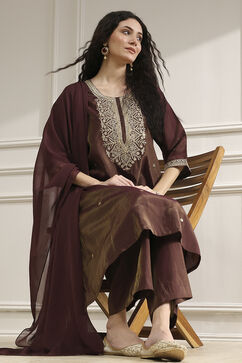 Wine Viscose Rayon Straight Solid Suit Set image number 0