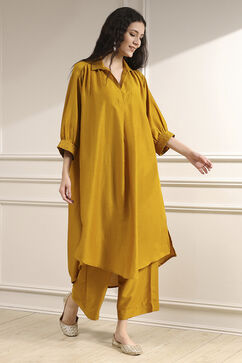 Ochre Yellow Polyester A-Line Dyed Kurta Pants Set image number 0