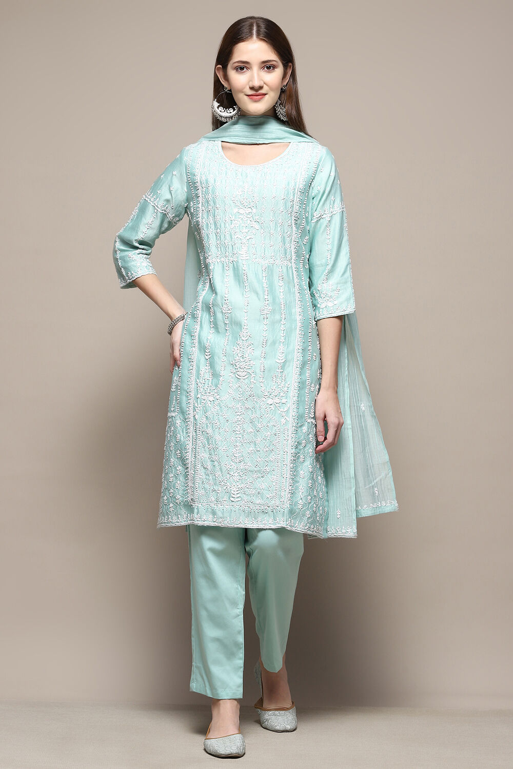 Aqua Cotton Blend Straight Kurta Pant Suit Set image number 7