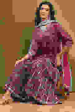 Cherry Red Viscose Blend Floral Peplum Kurta Suit Set image number 0