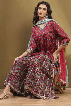 Cherry Red Viscose Blend Floral Peplum Kurta Suit Set image number 0