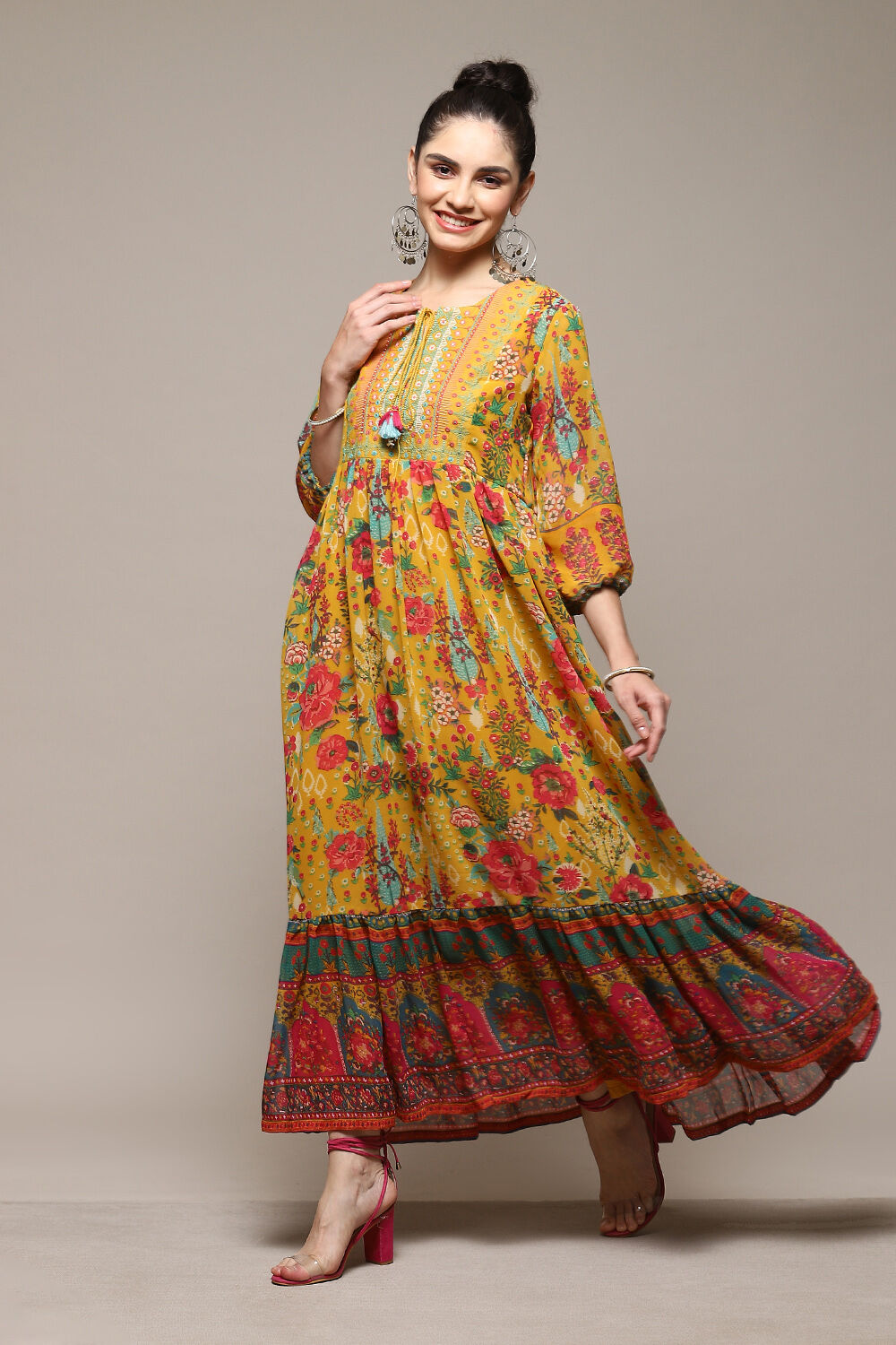 Teal Polyester Tiered Printed Dress image number 0