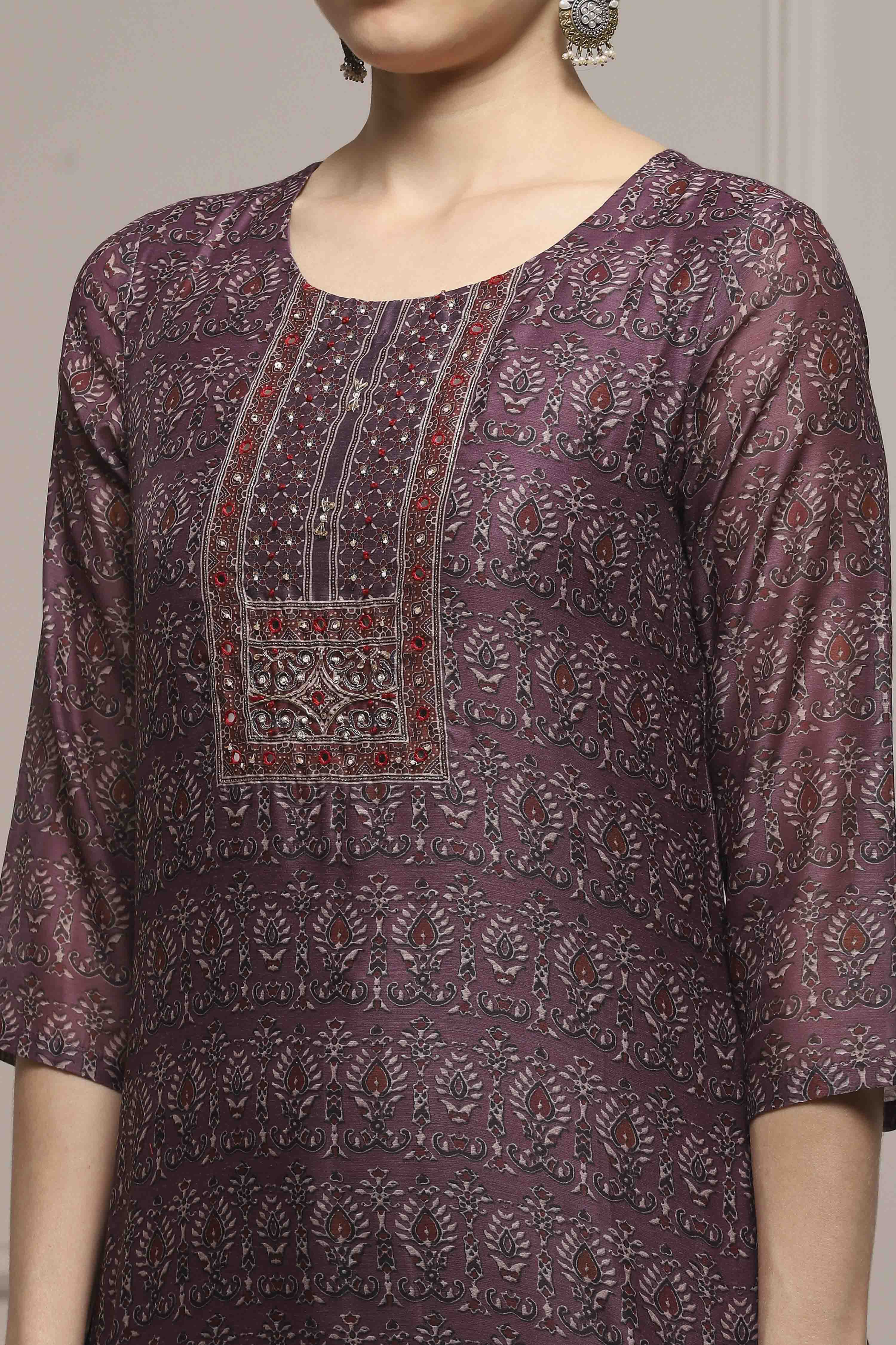 Purple Chanderi Blend Printed Embroidered Unstitched Suit Set image number 2