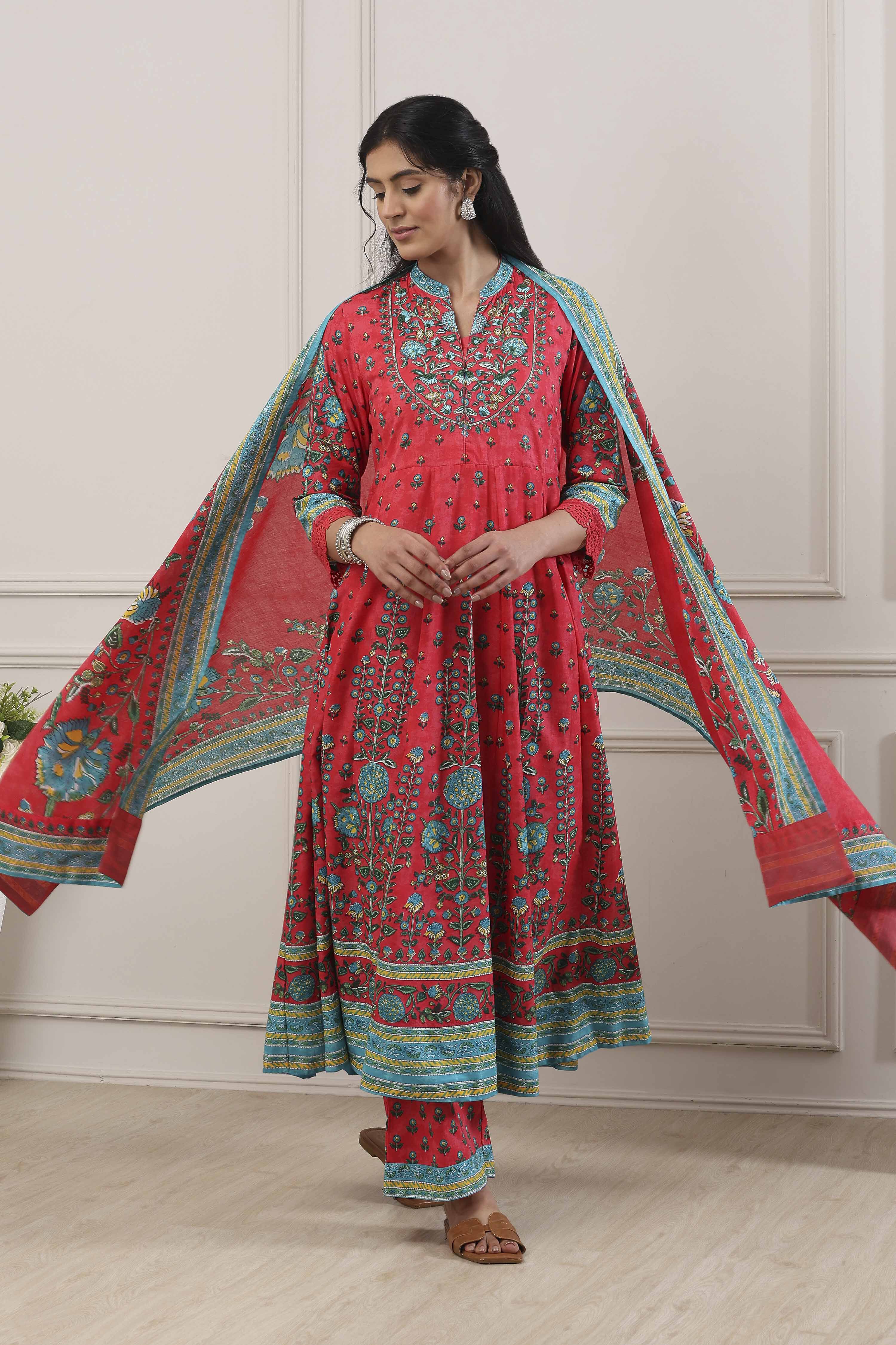 Red Cotton Kalidar Suit Set image number 0