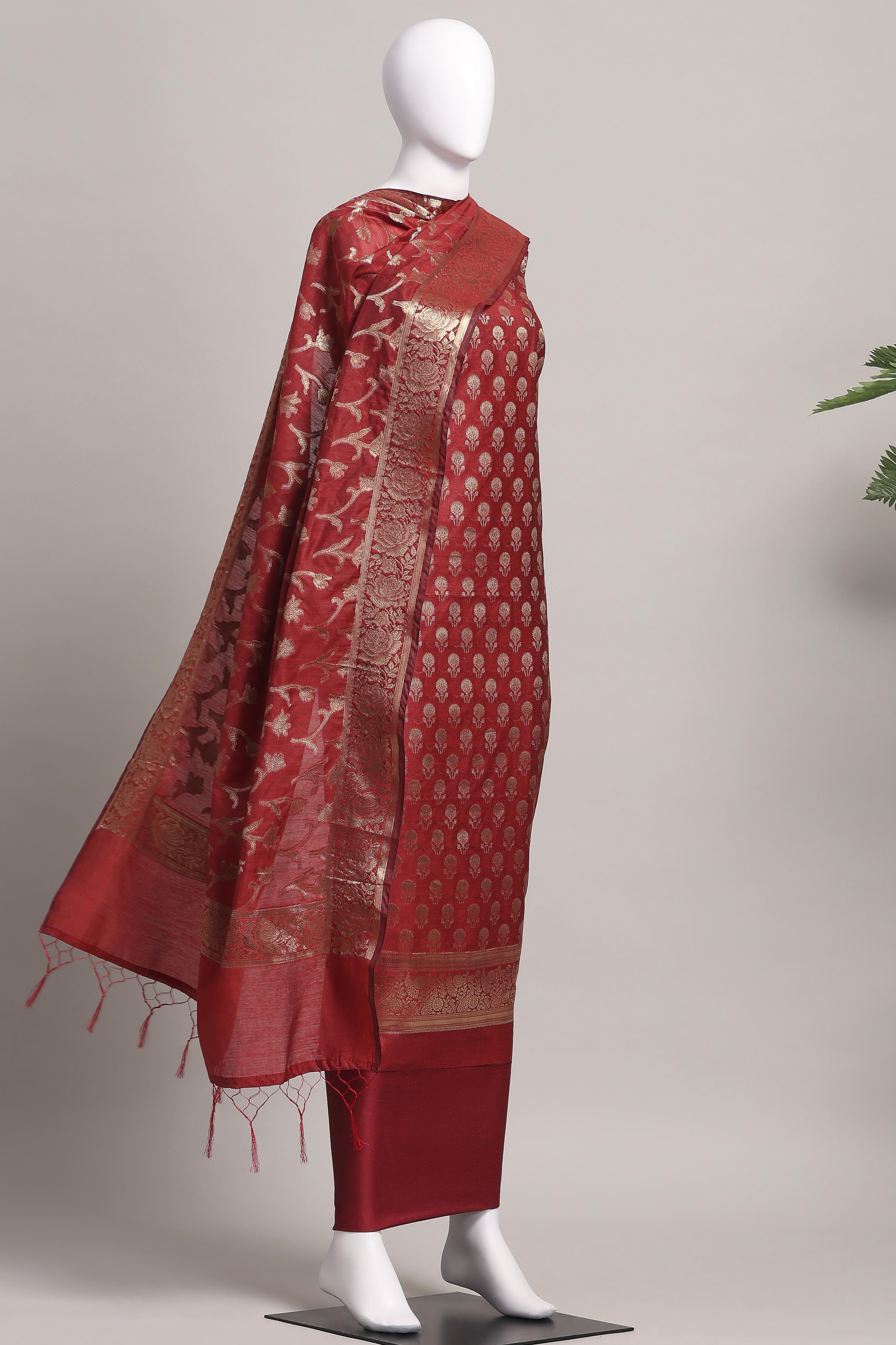 Teal Banarasi Chanderi Banarasi Print Unstitched Suit Set image number 4