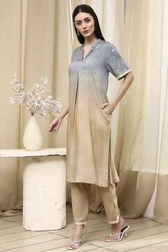 Grey Beige Viscose Rayon Straight Printed Fusion Set image number 3