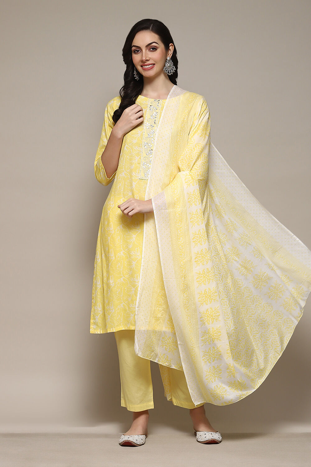 Yellow Cotton Hand Embroidered Unstitched Suit Set image number 1