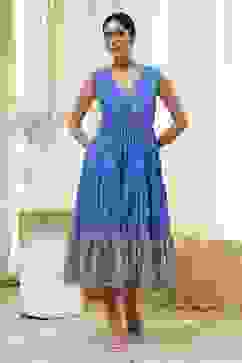 Blue Cotton Printed Tiered Dress image number 5