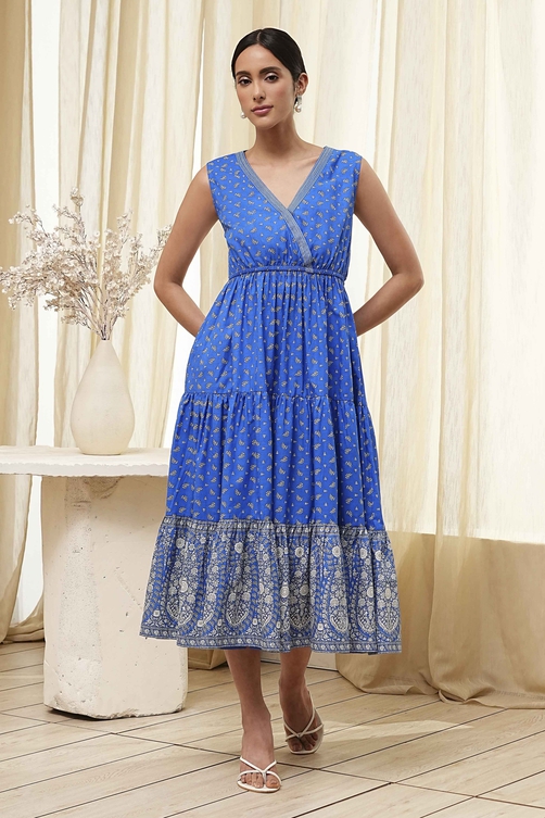Blue Cotton Printed Tiered Dress image number 5