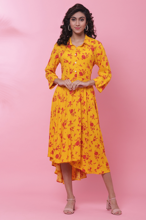 Mango Yellow Rayon Flared Printed Dress Mango Yellow Rayon Flared Printed Dress