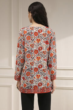 Off White-Red Polyester Straight Printed Short Kurta image number 3