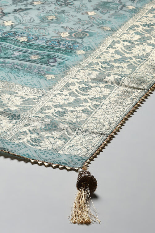 Sky Blue Chanderi Hand Embroidered Unstitched Suit Set image number 4