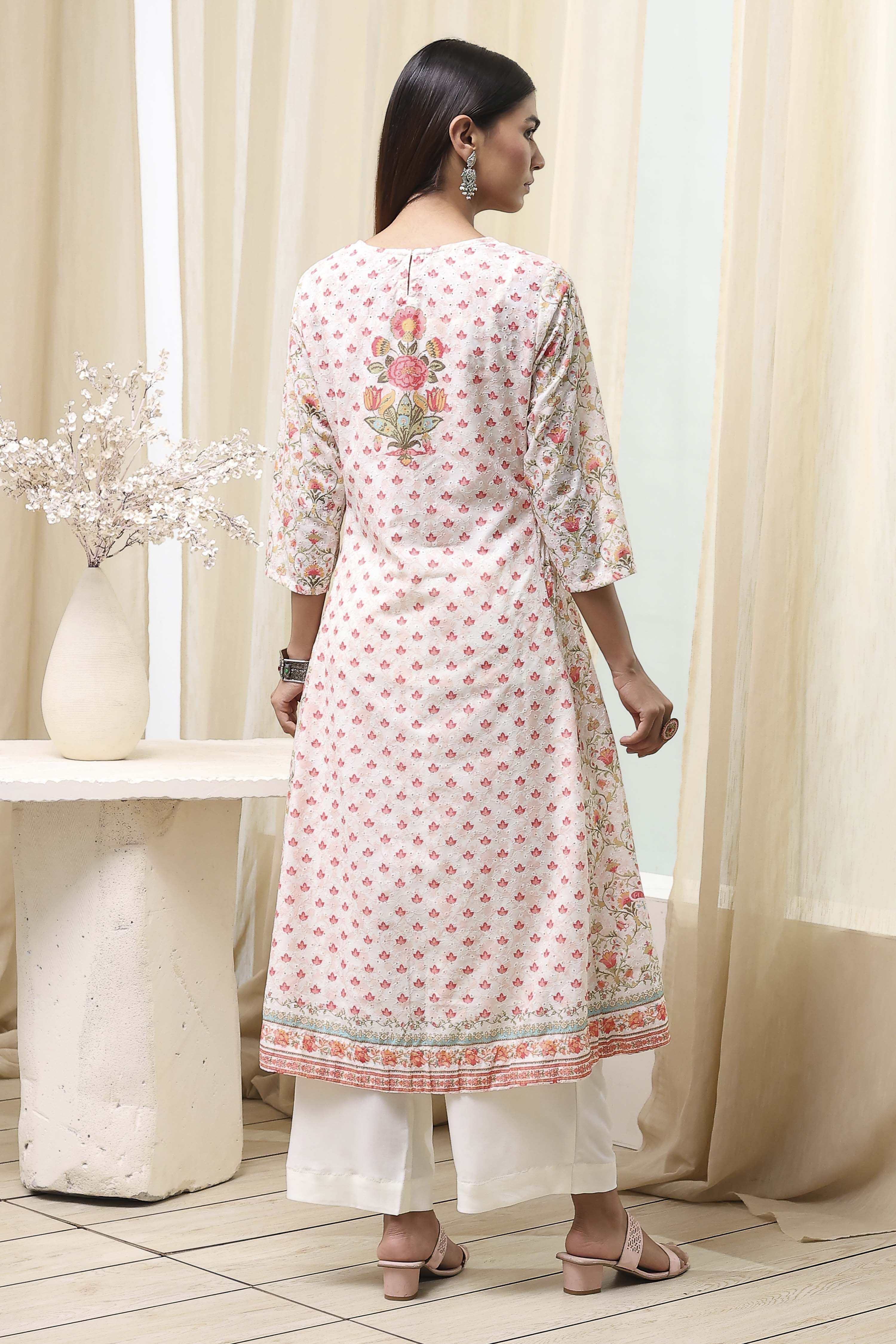 Off-White and Pink Cotton Floral Kalidar Suit Set image number 4
