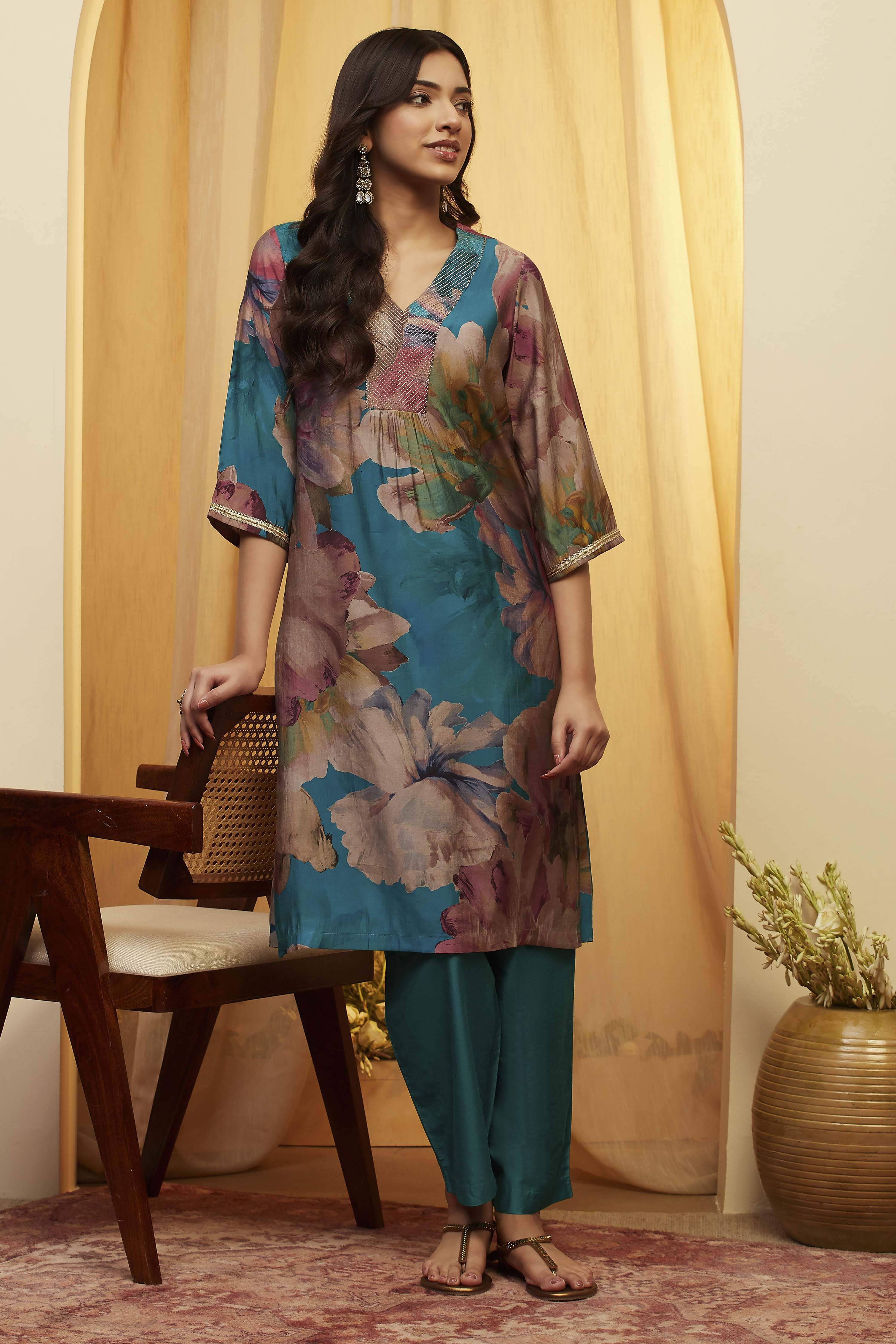 biba Turquoise Poly Viscose Straight KurtaTurquoise Poly Viscose Straight Kurta-picture-671