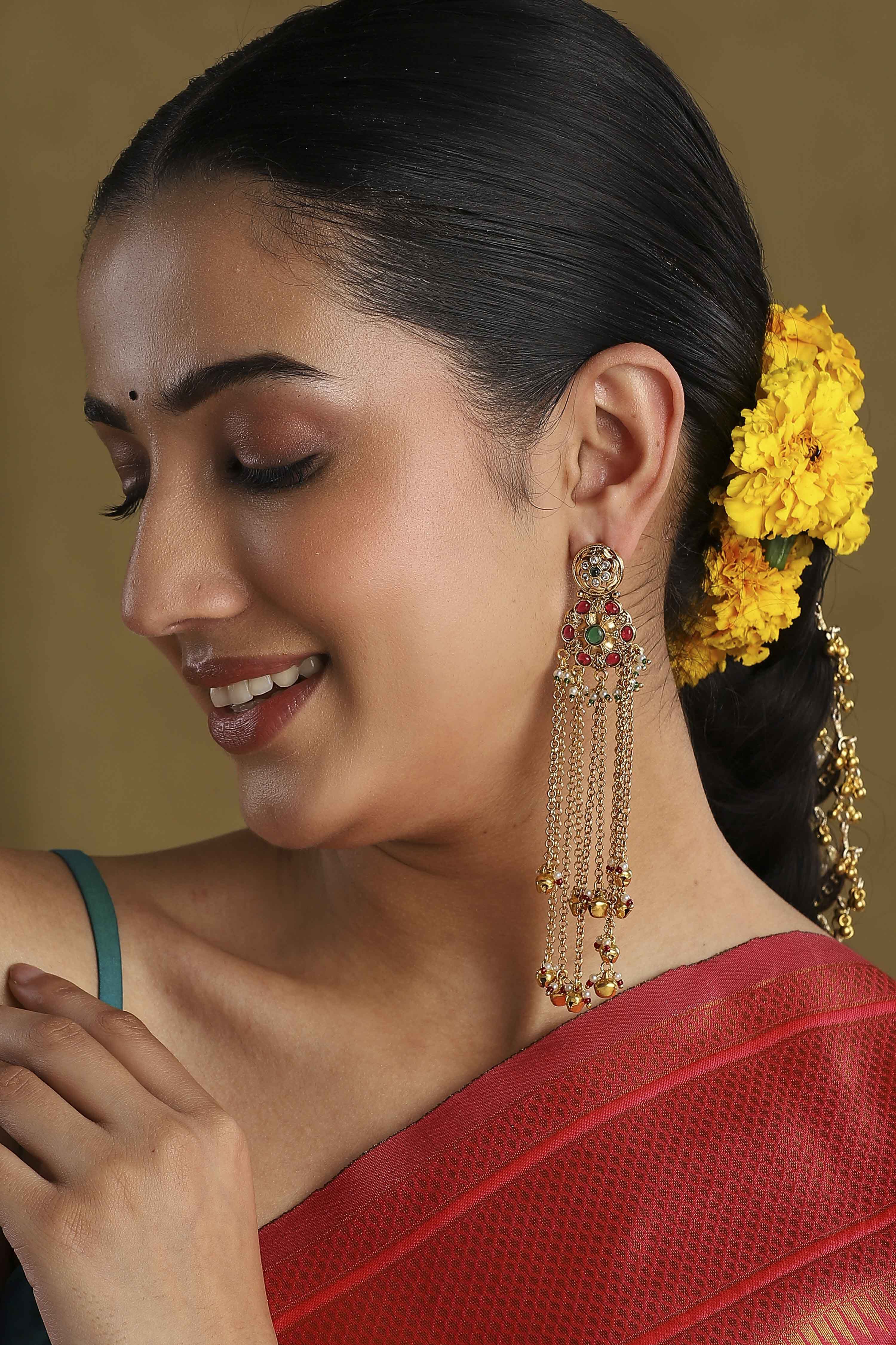 Red & Green Gold Plated Alloy Drop Earrings image number 3