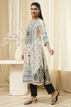 Off-White and Blue Cotton Straight Kurta image number 2