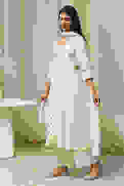 Off-White Cotton Printed Gathered Suit Set image number 3