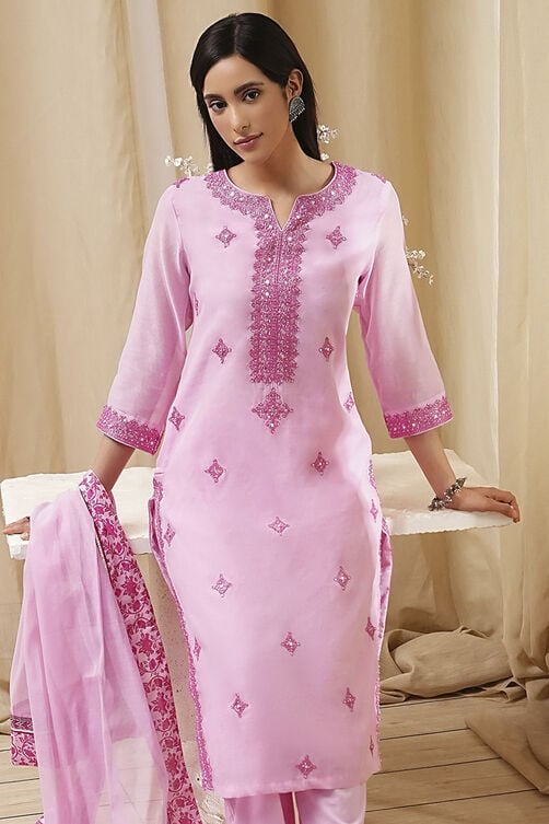 Pink Embroidered Straight Suit Set image number 7