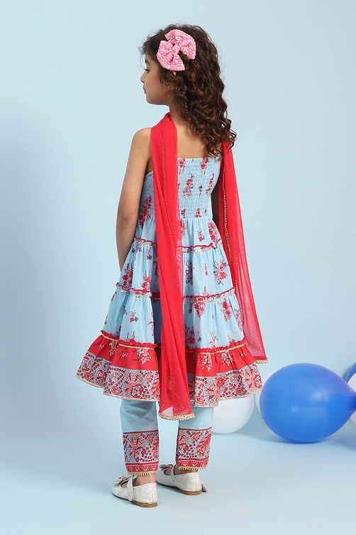 Sky Blue Cotton Printed Tiered Suit Set image number 4