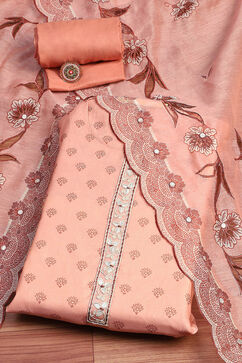 Peach-Toned Chanderi Floral Printed Unstitched Suit Set image number 0