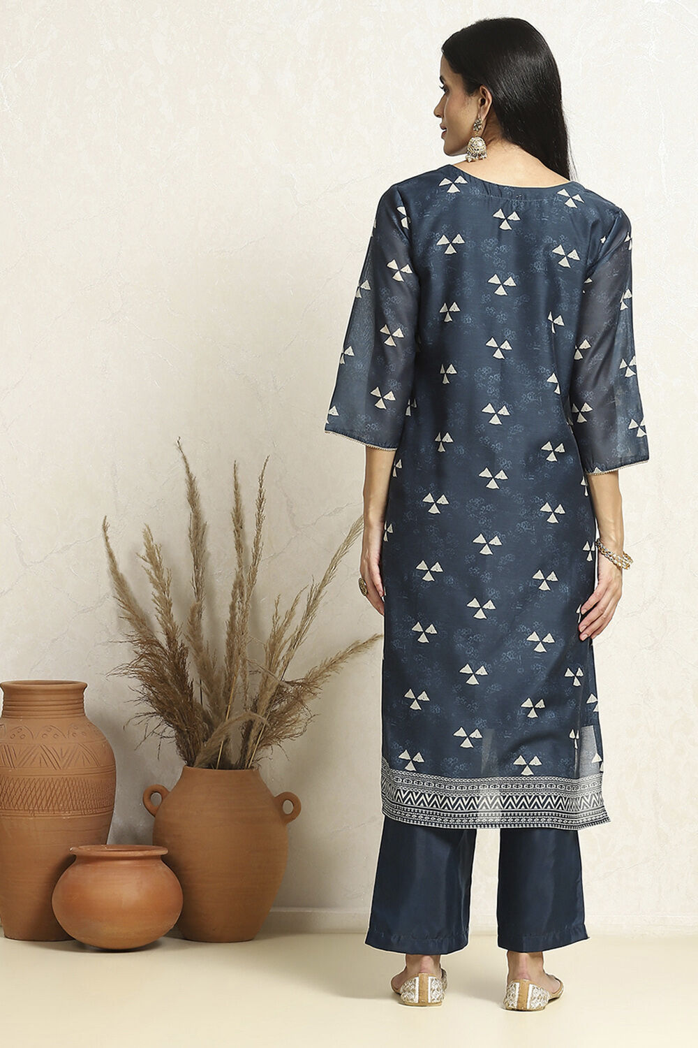 Blue Chanderi Geometric Printed Unstitched Suit Set image number 6