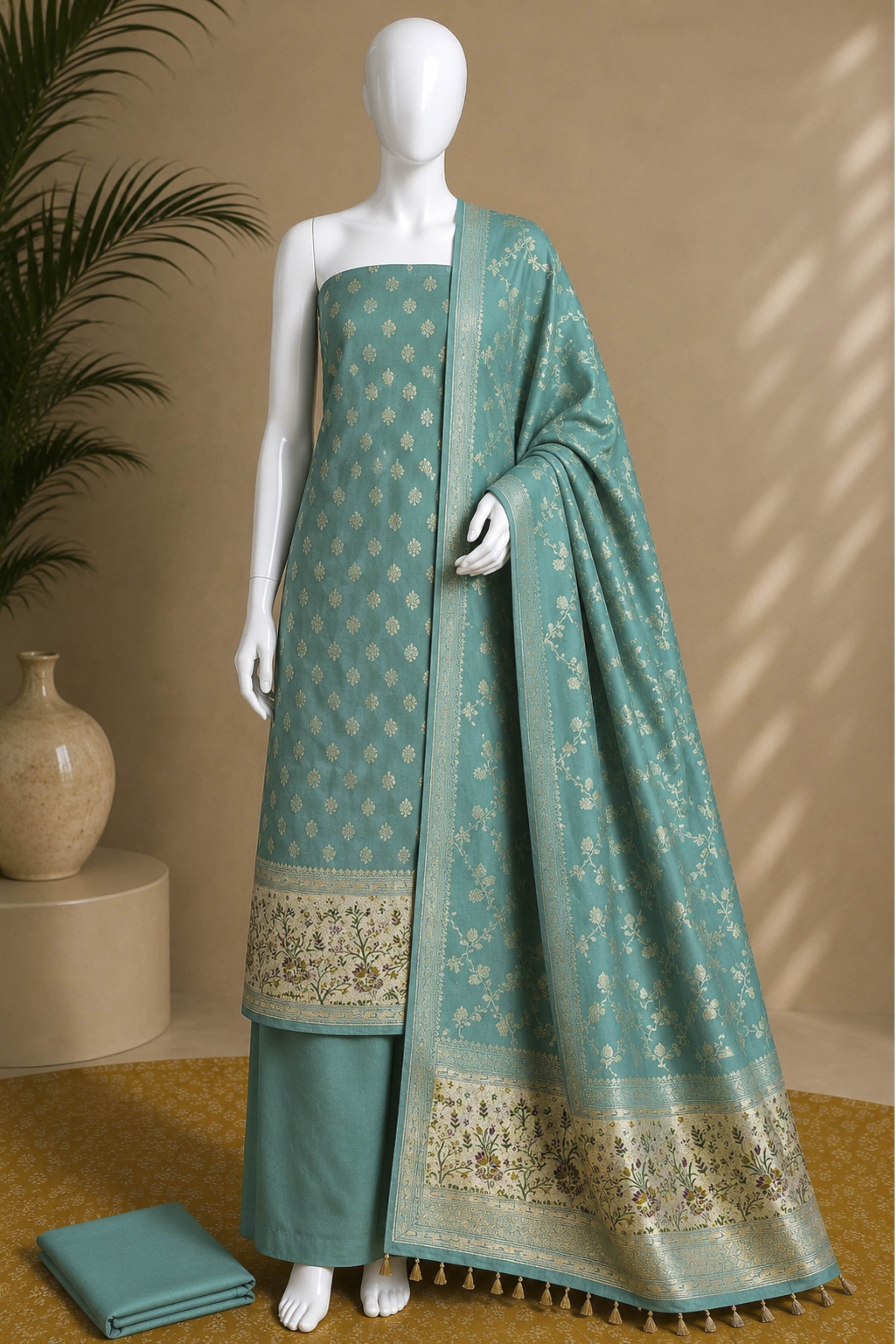 Mustard Jacquard Printed Unstitched Suit Set image number 5