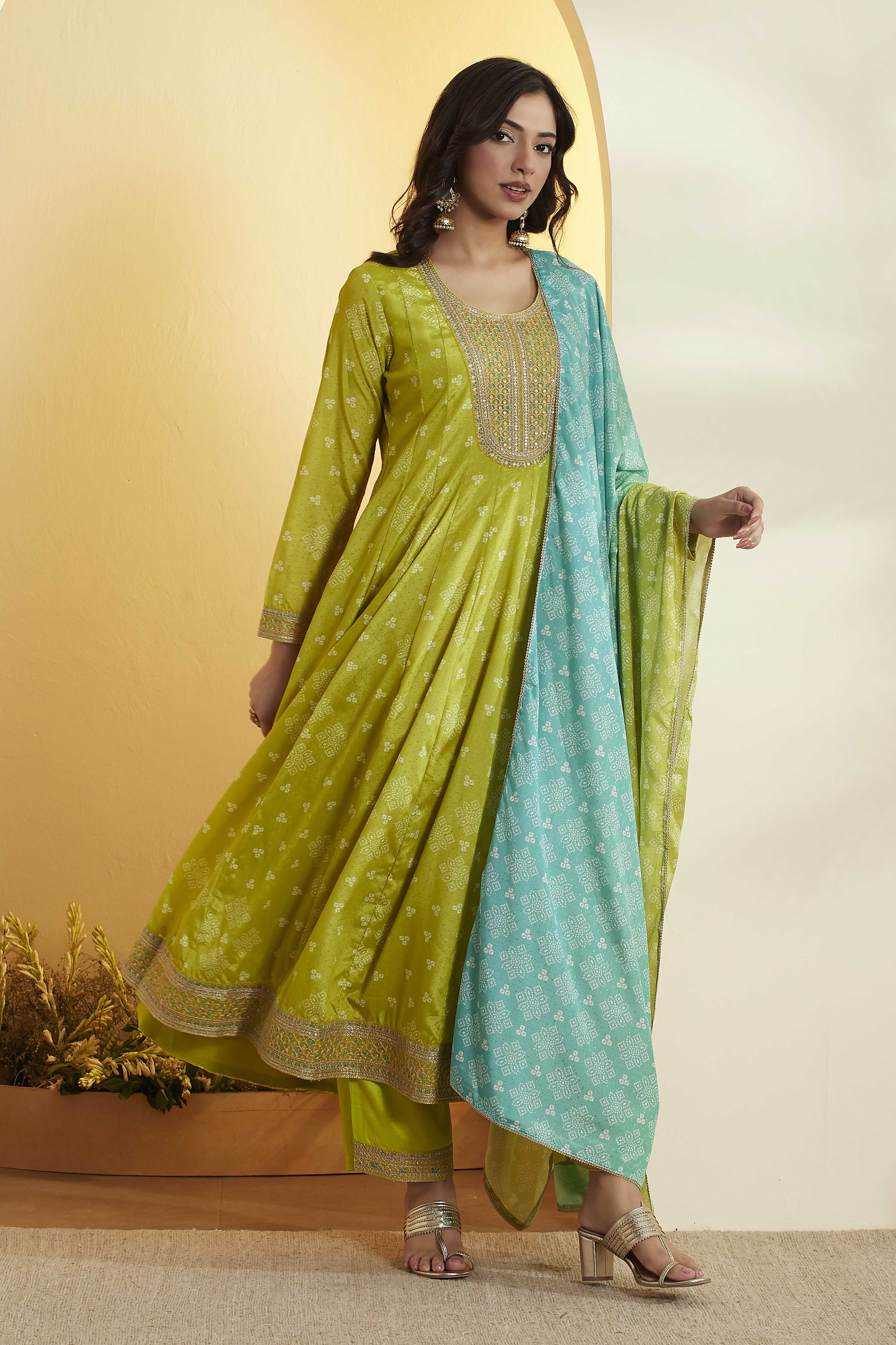 Llime Green Poly Chinnon Anarkali Suit Set image number 4