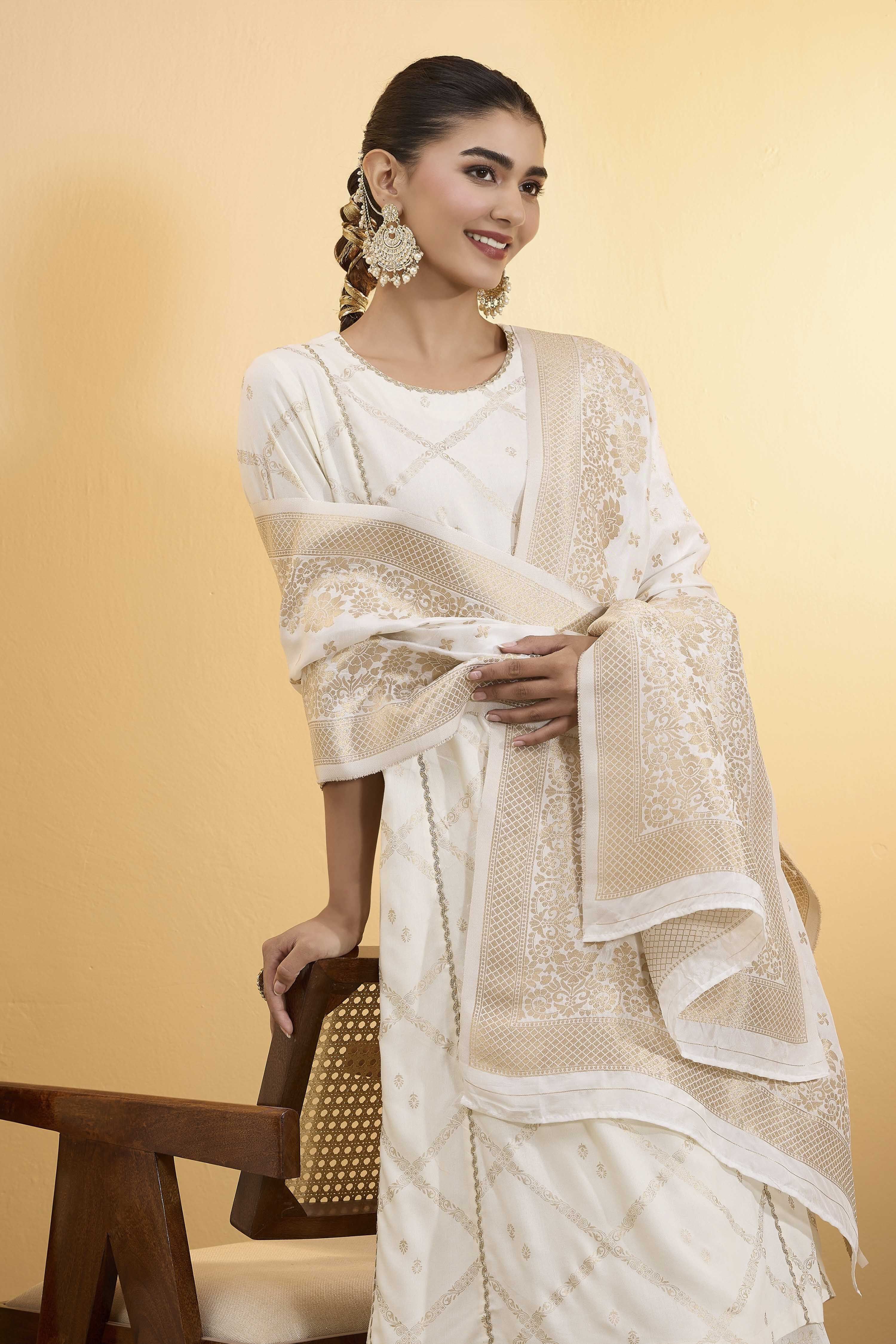 Off-White Poly Jacquard Printed Dupatta image number 1