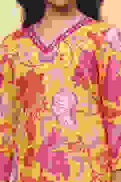 Yellow and Pink Viscose Blend Floral Straight Suit Set image number 1