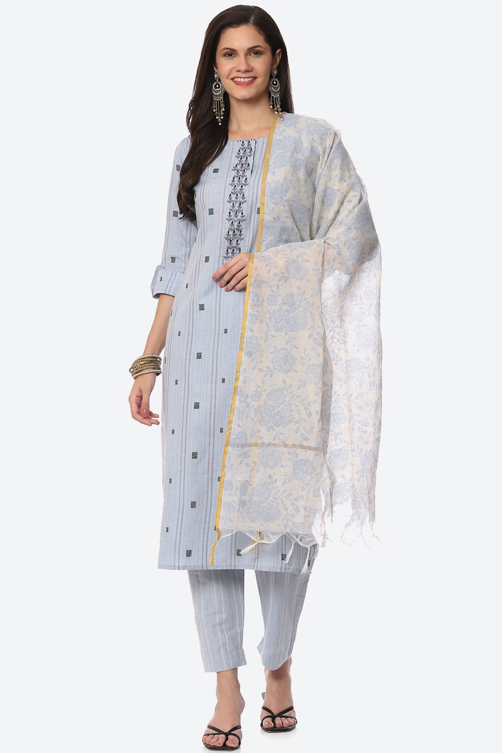 Light Blue Cotton Unstitched Suit Set image number 0