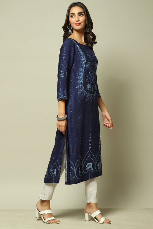 Indigo LIVA Straight Printed Kurta image number 5