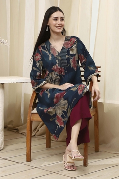 Navy Blue Floral Printed Straight Kurta