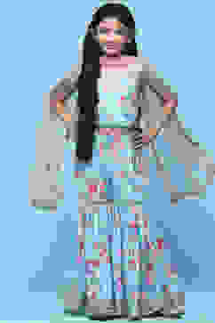 Blue Cotton Printed Blouse And Sharara t With Net Dupatta image number 0