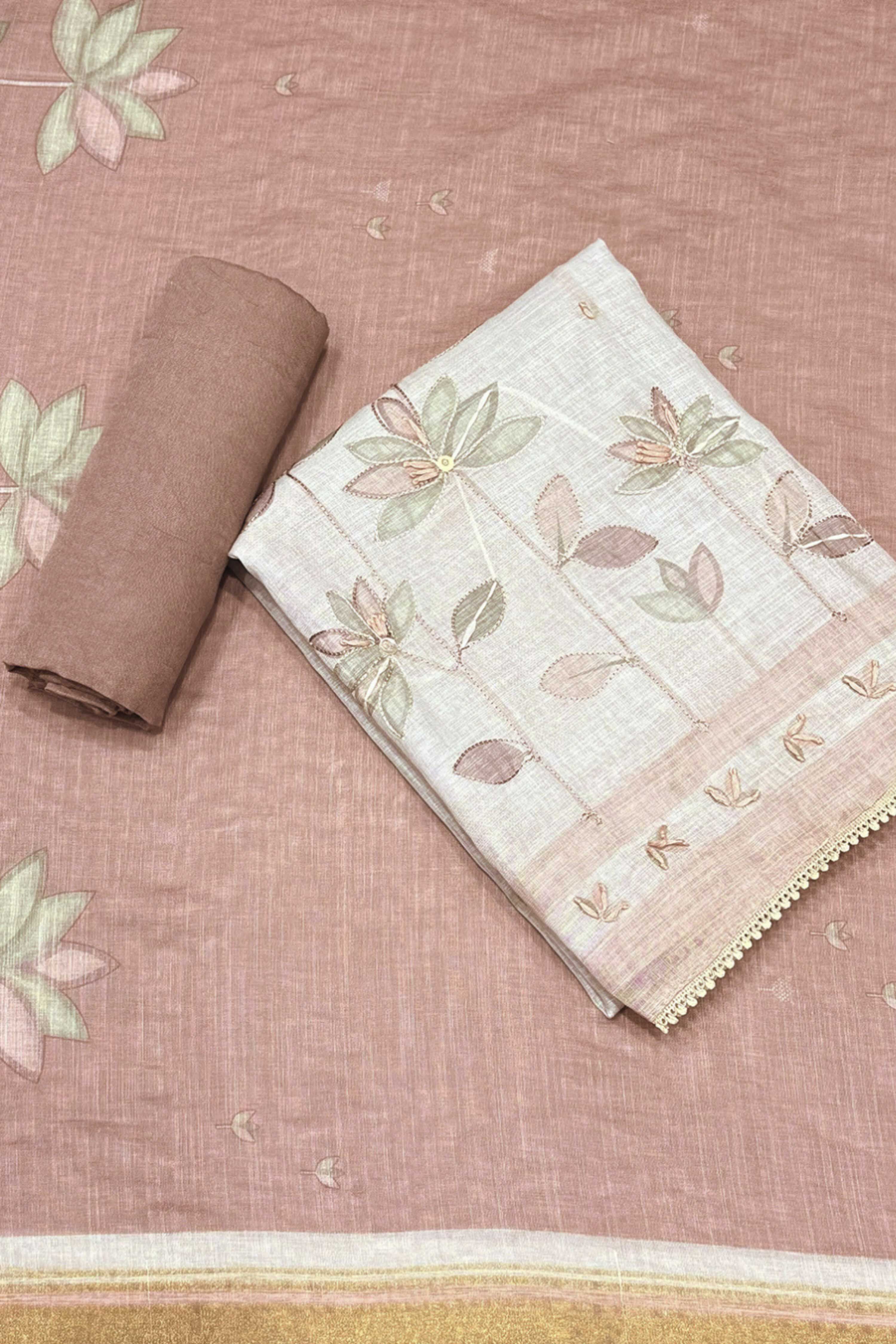 Peach Linen Printed Unstitched Suit Set image number 0