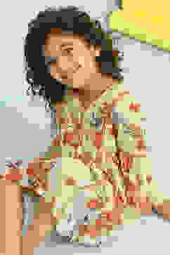 Beige Floral Printed Gathered Flared Dress image number 5