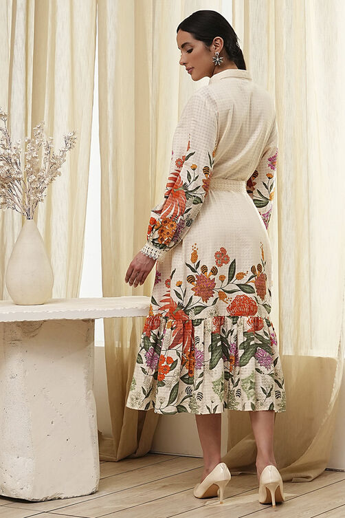 Beige Cotton Floral Shirt-Style Flared Dress image number 3