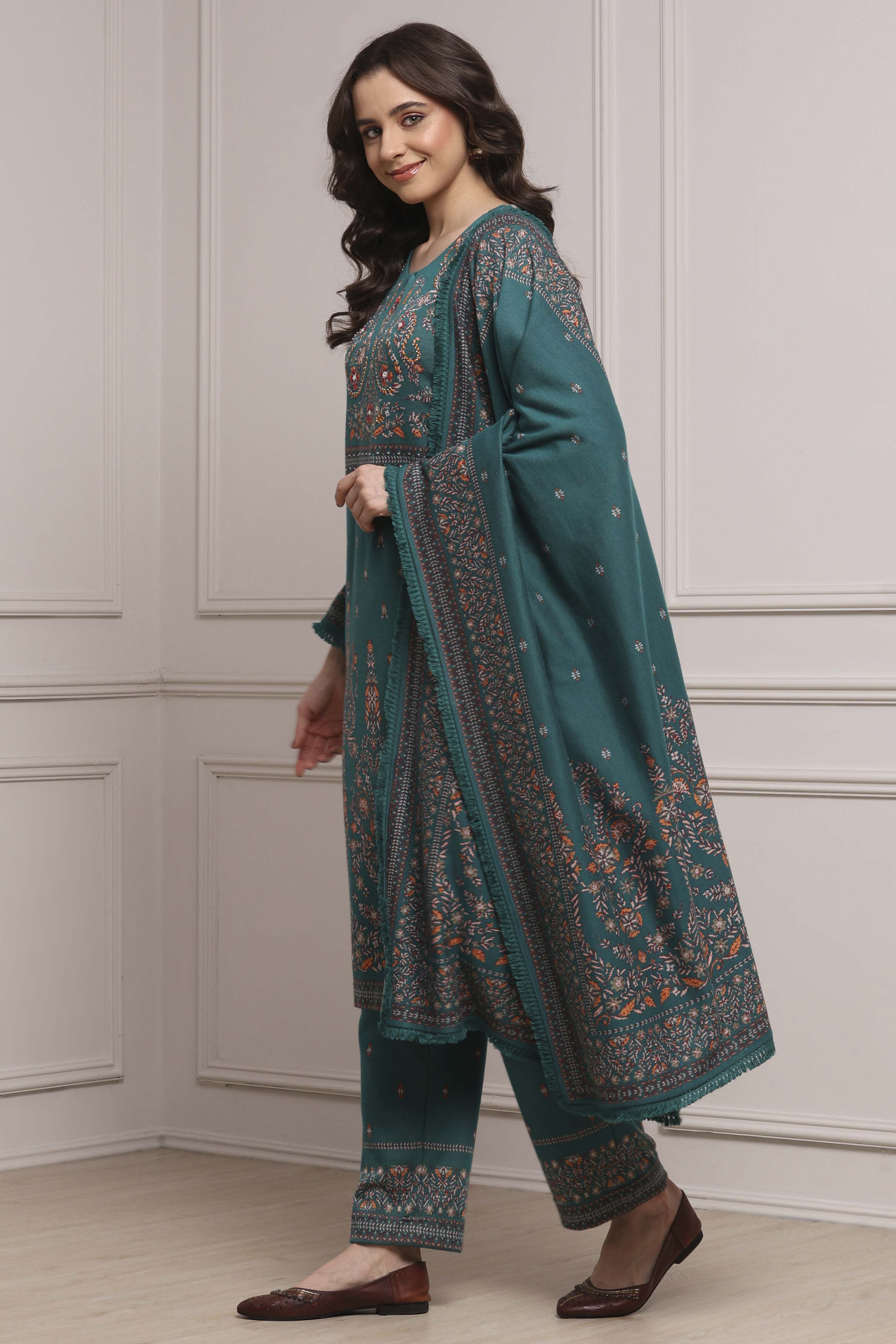 Emerald Green Cotton Blend Yarndyed Straight Suit Set image number 3