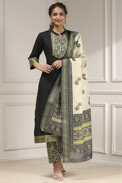 Black Cotton Modal Digital Print Unstitched Suit Set image number 1