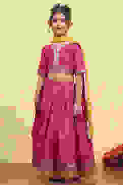 Pink Polyester Yarndyed Fitted Lehenga Set image number 3