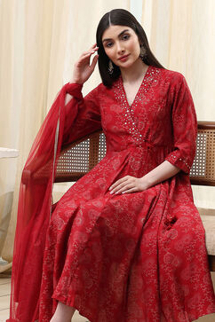 Red Printed Angrakha Style Anarkali Suit Set image number 7
