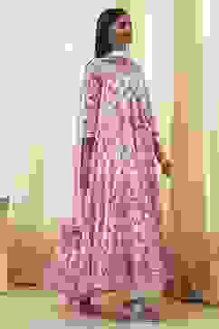 Off-White and Pink Cotton Floral Tiered Suit Set image number 5