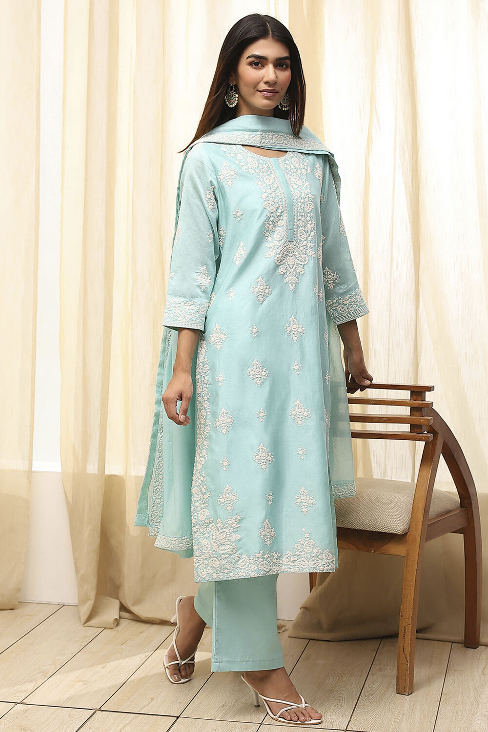 Aqua Cotton Silk Embroidered Straight Suit Set image number 0