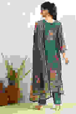 Blue Chanderi Floral Printed Unstitched Suit Set image number 4