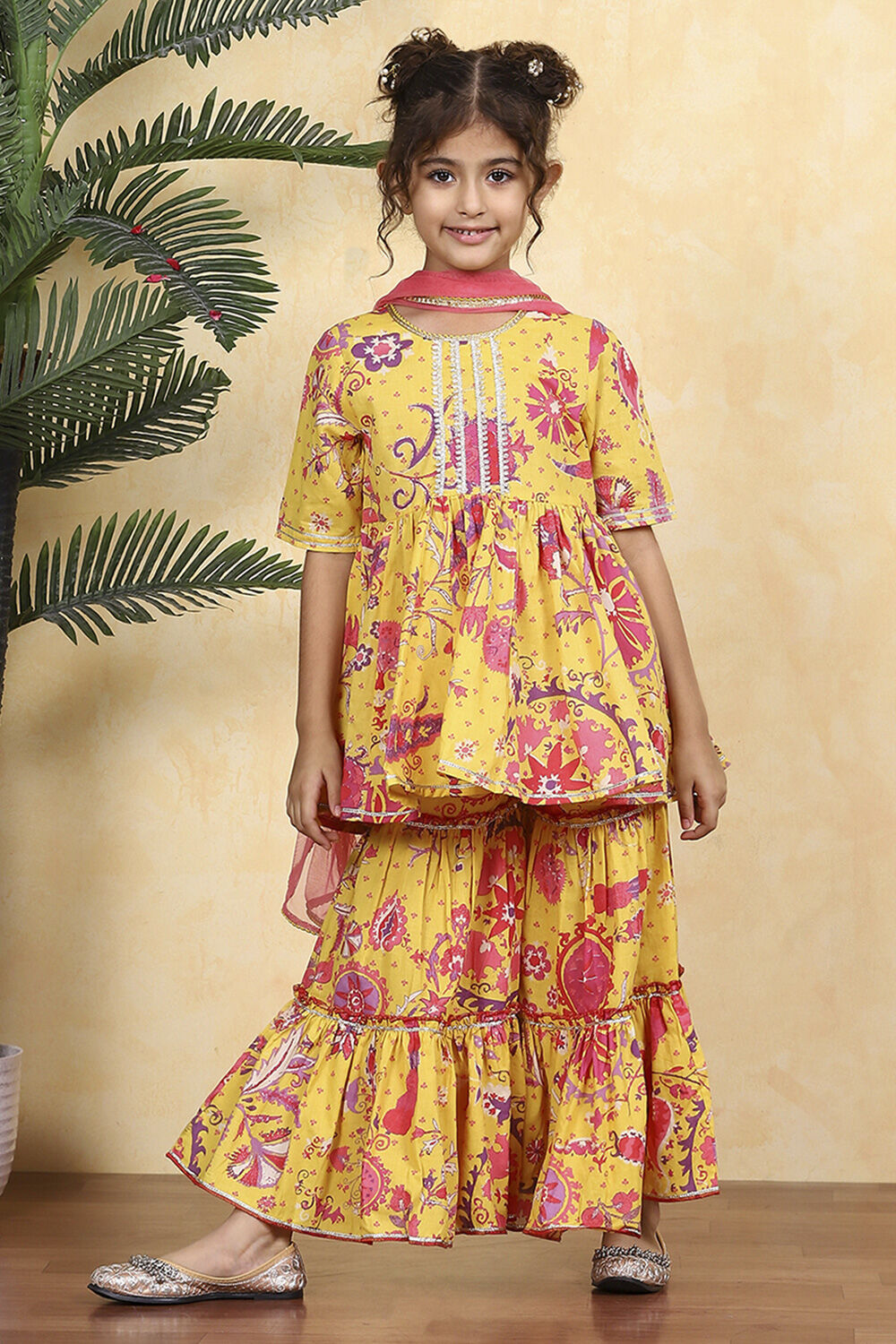 Yellow Cotton Printed Kalidar Sharara Suit Set image number 0