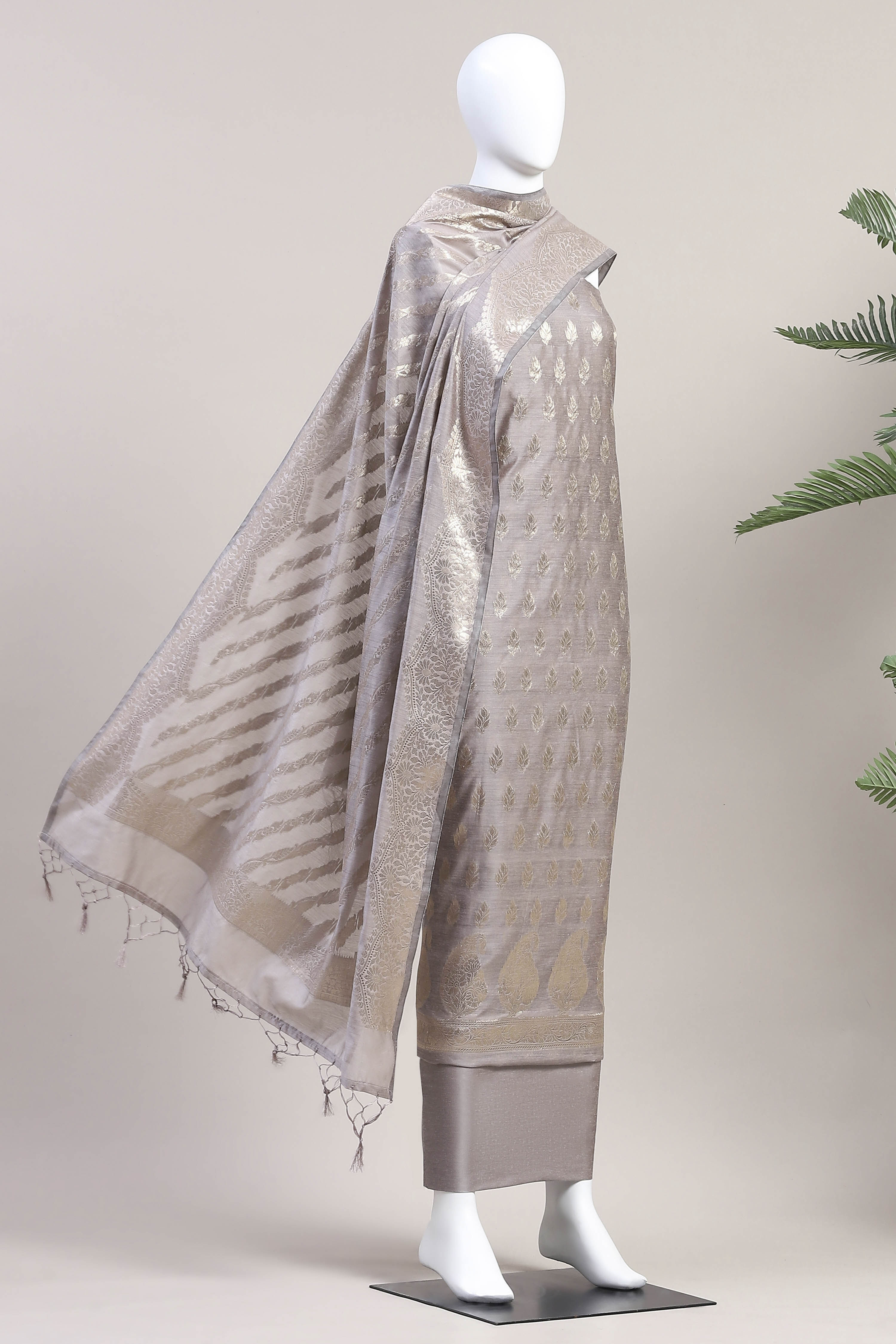 Grey Chanderi  Unstitched Suit Set image number 4