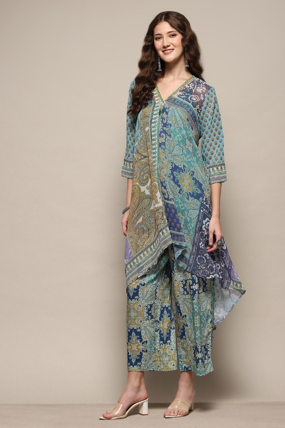 Yellow Printed Asymmetric Kurta & Palazzo Suit Set image number 3