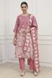 Pink Chanderi Blend Printed Embroidered Unstitched Suit Set image number 1